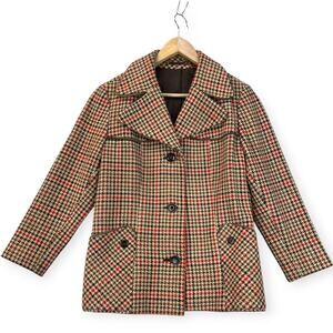 Vintage 60s Adler Womens Wool Coat Houndstooth Plaid Tailored Notch Collar XS-S